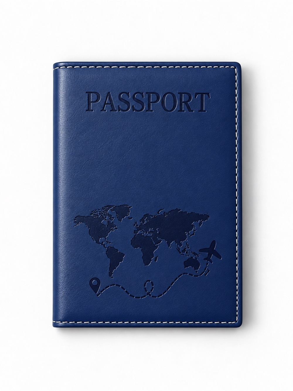 Blue Travel Passport Holder with World Map Embossing